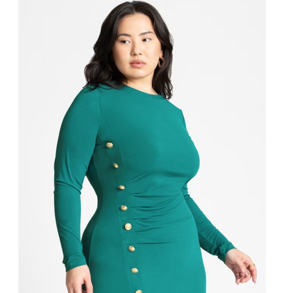 Eloquii Elegant Antique Green Button-Detail Midi Dress